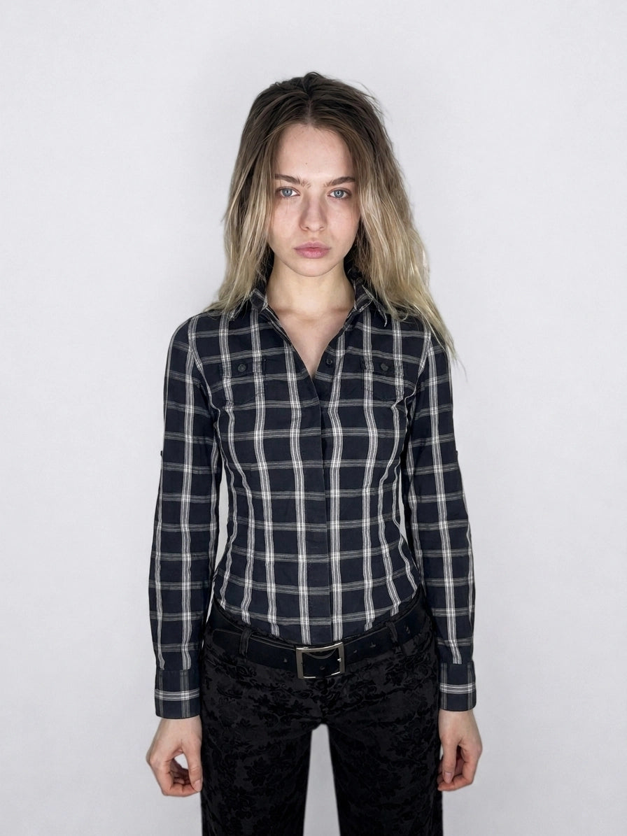 Front view of a navy blue checkered body t-shirt with long sleeves.