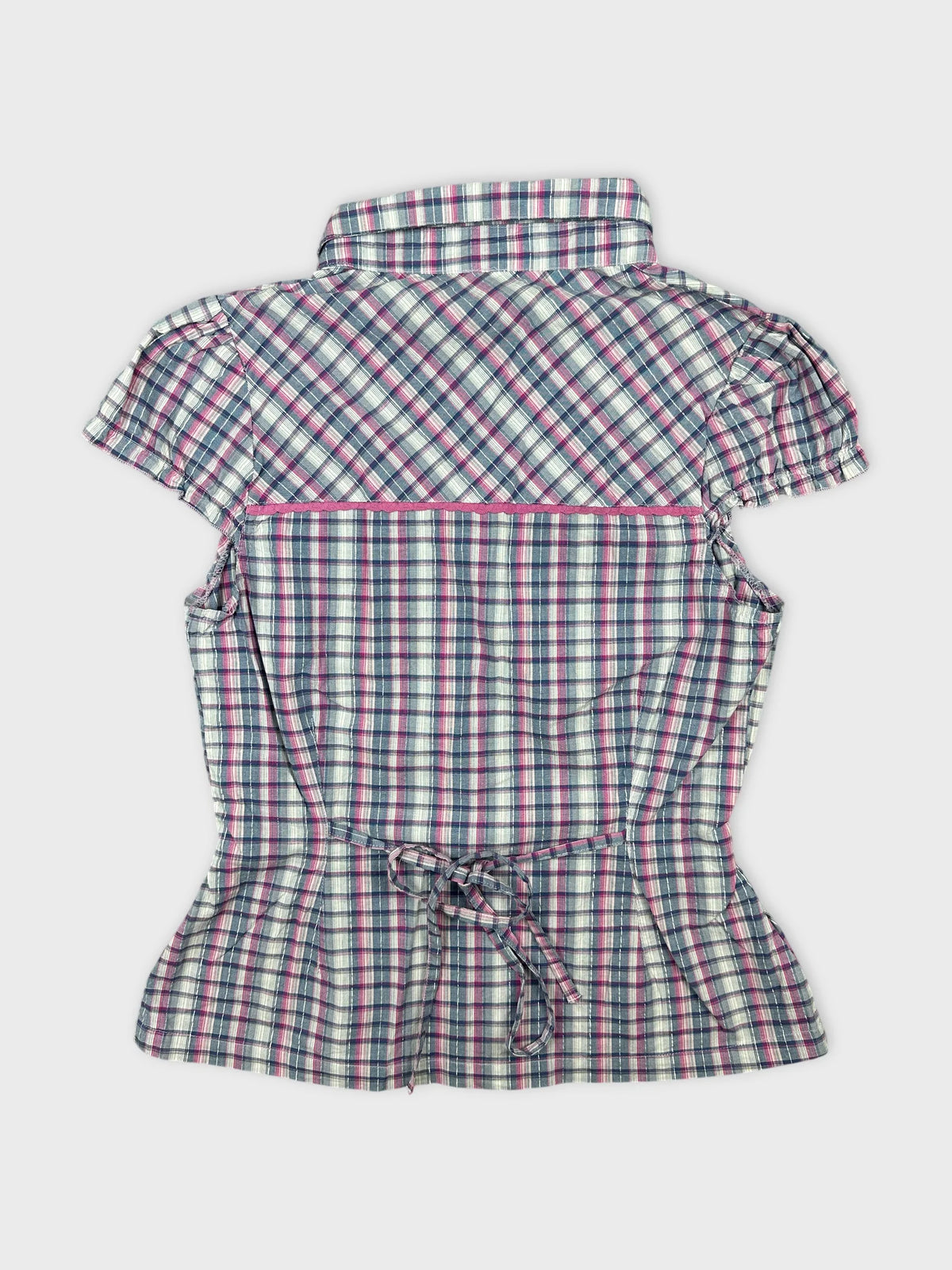Back view of a plaid women’s body t-shirt with short sleeves.