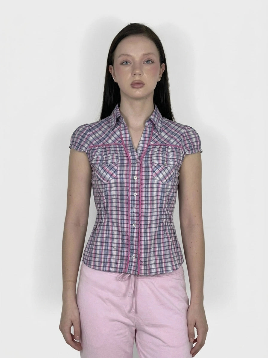 Front view of a women's body t-shirt in pink and blue plaid with a fitted shape.