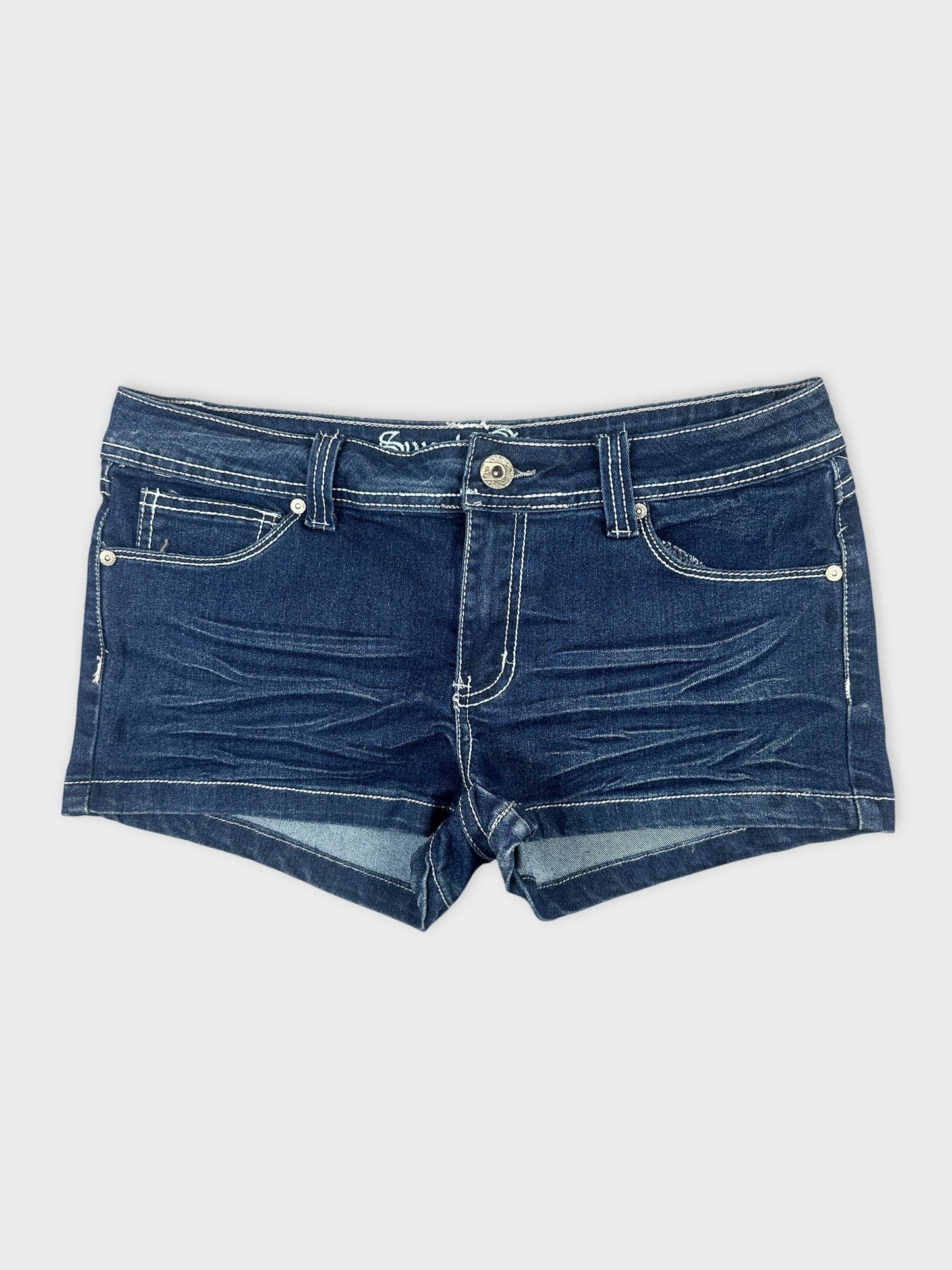 Blue denim shorts with visible front pockets front view