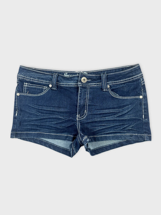 Blue denim shorts with visible front pockets front view