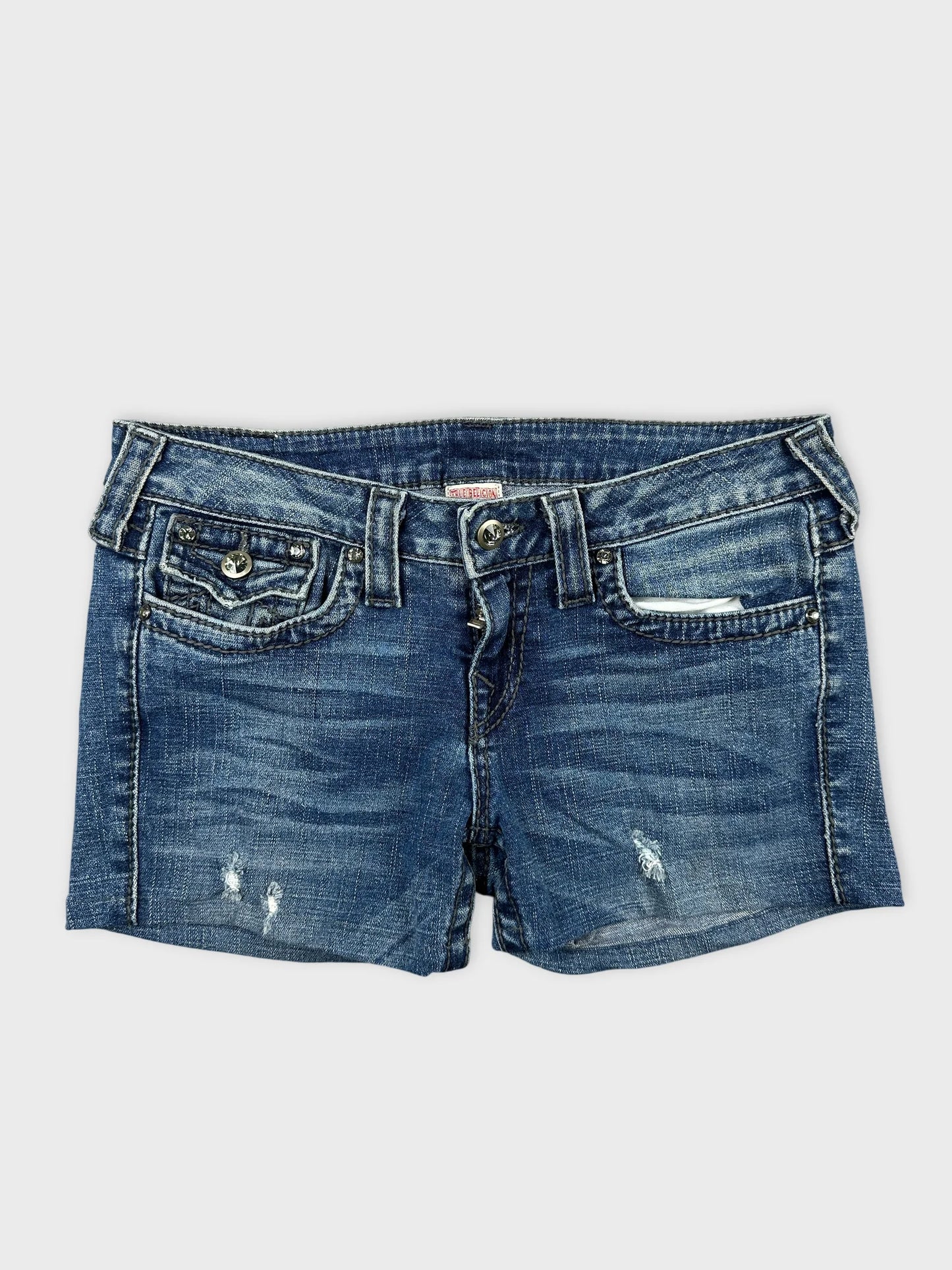 Front view of denim shorts featuring distressed details and a classic blue wash.