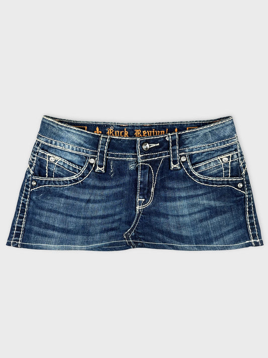 Front view of women denim shorts in dark blue with unique stitching details.