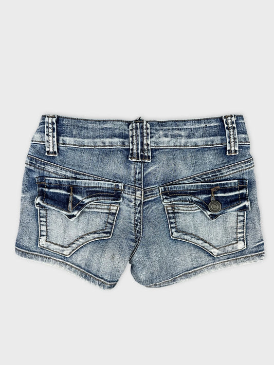 Back view of blue denim shorts featuring two back pockets and stitched details.