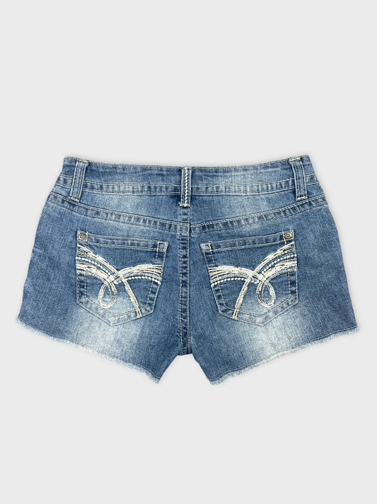 Back view of blue denim shorts with decorative stitching on pockets.