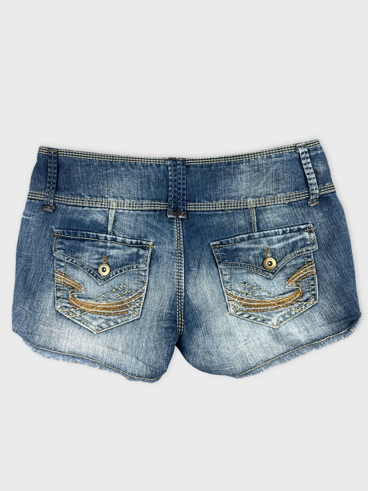 Back view of blue denim shorts featuring embroidered pockets.