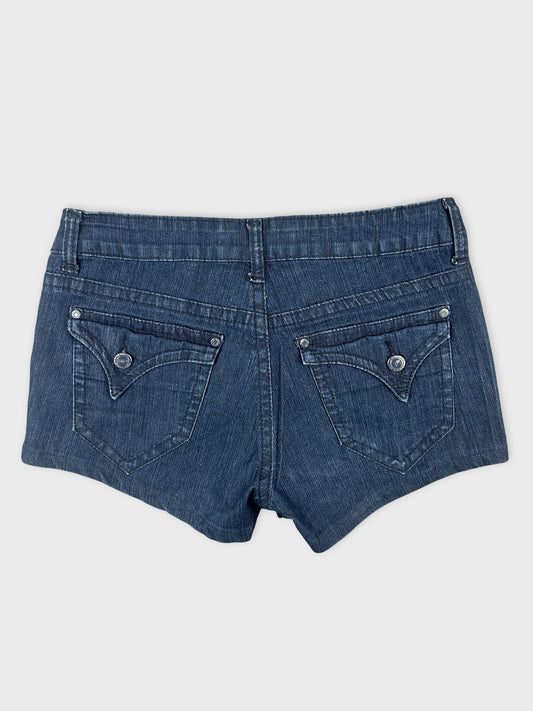 Back view of blue denim shorts featuring decorative rear pockets.