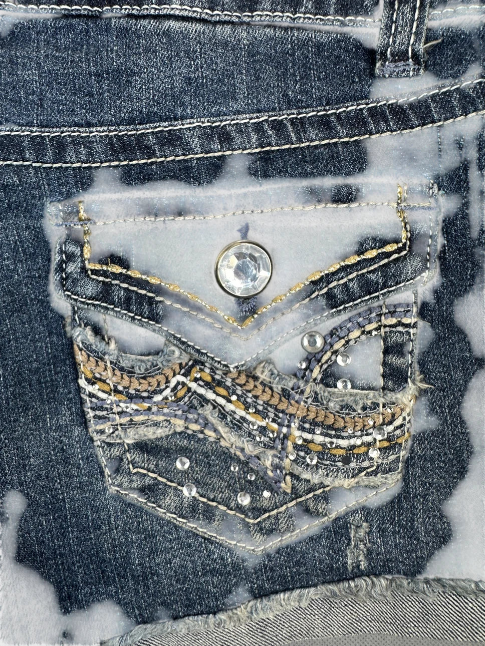 Detail view of blue denim shorts featuring embellished back pocket design.