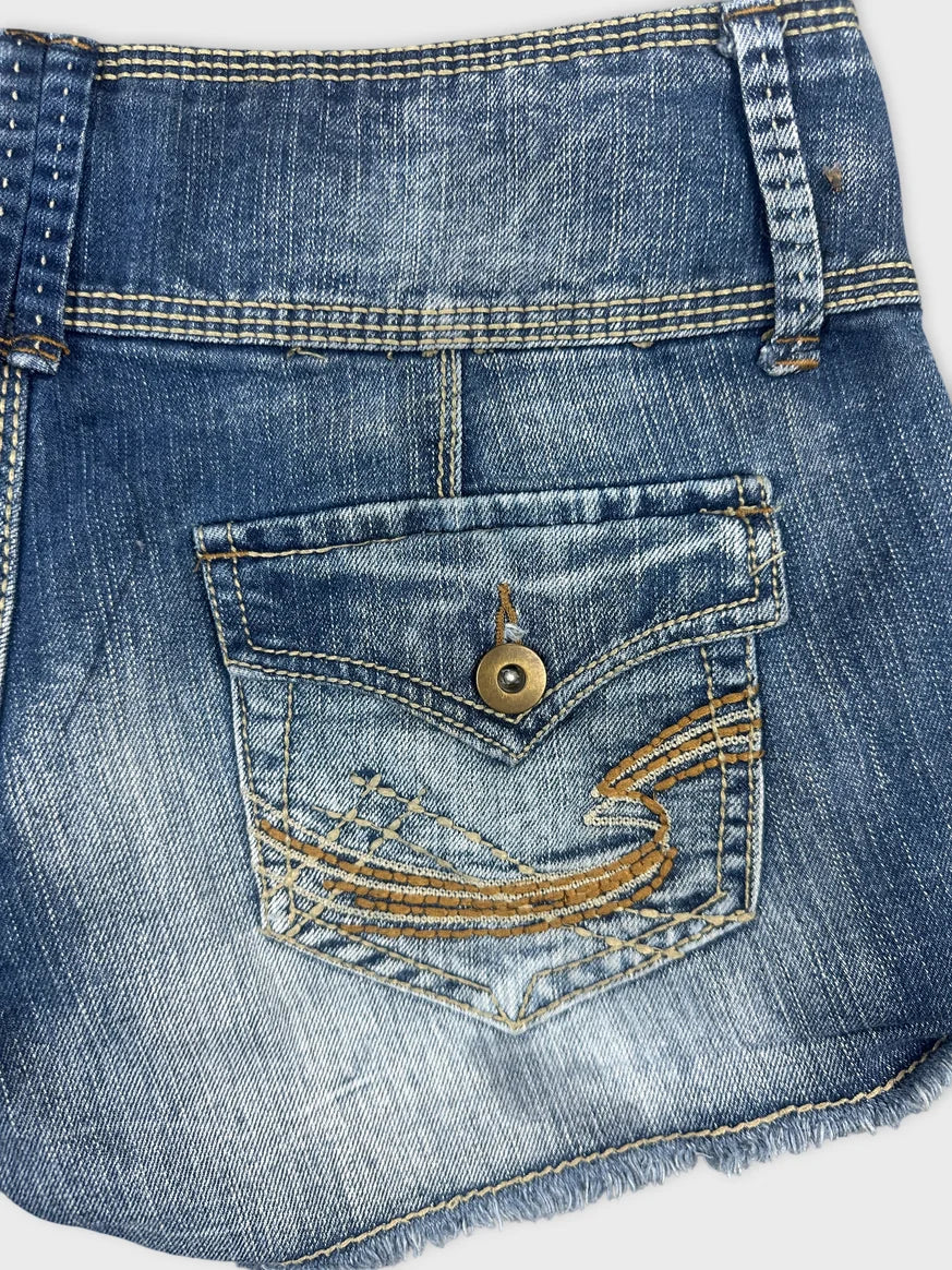 Detail view of blue denim shorts featuring decorative stitching on the back pocket.