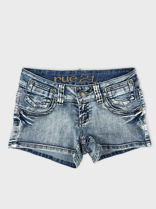 Front view of denim shorts featuring distressed details and a faded wash.