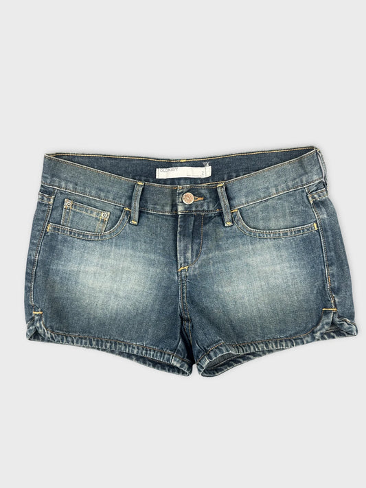 Front view of blue denim shorts featuring a cuffed hem and classic five-pocket design.