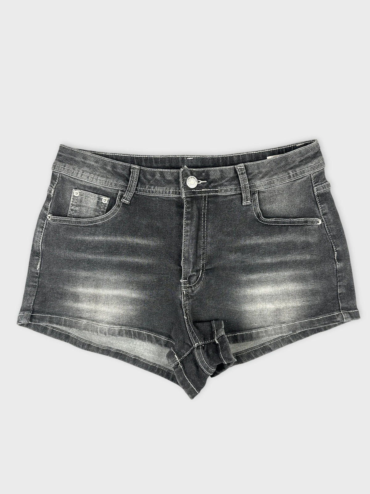 front view of black denim shorts with distressed detailing and hem