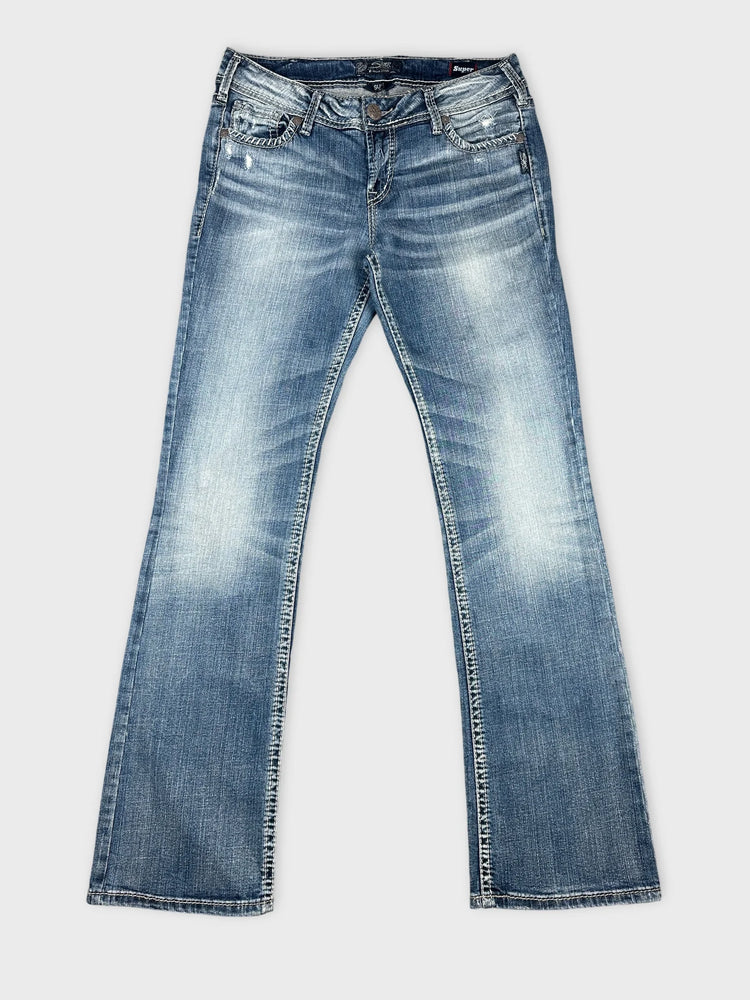 Faded Blue Flared Jeans with Stylish Stitching (W31 / L)