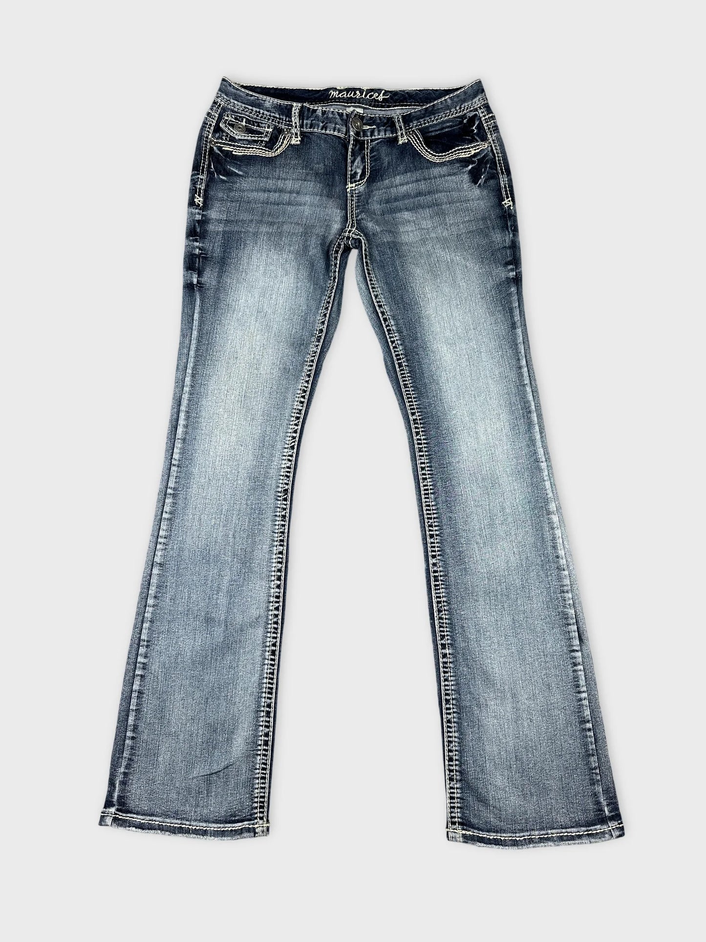 Front view of long jeans in dark blue with contrast stitching.