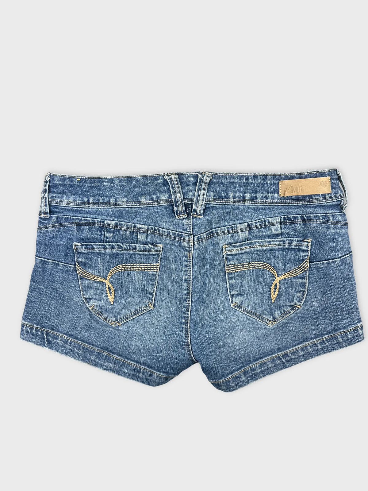 Back view of blue denim shorts featuring detailed stitching and pockets.