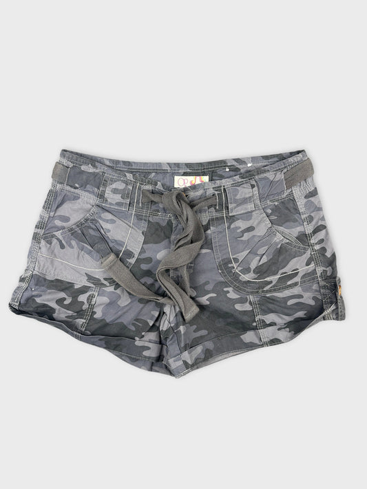 Front view of gray camo women's short shorts with drawstring detail.