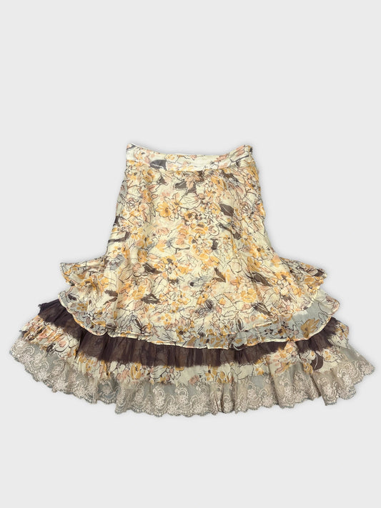 Back view of a floral skirt featuring ruffled lace trim in pastel colors.