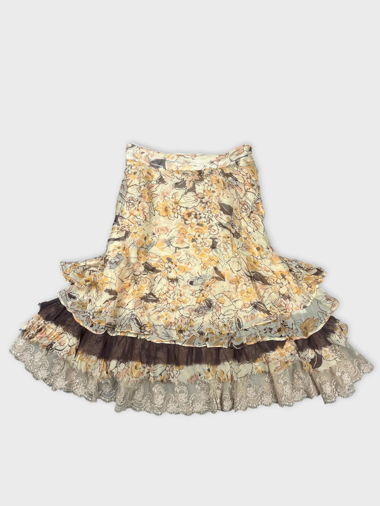 Floral Silk Skirt with Ruffled Hem (W32 / XL)