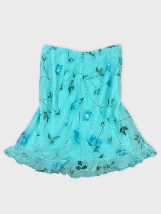 Back view of a turquoise vintage skirt with floral print.