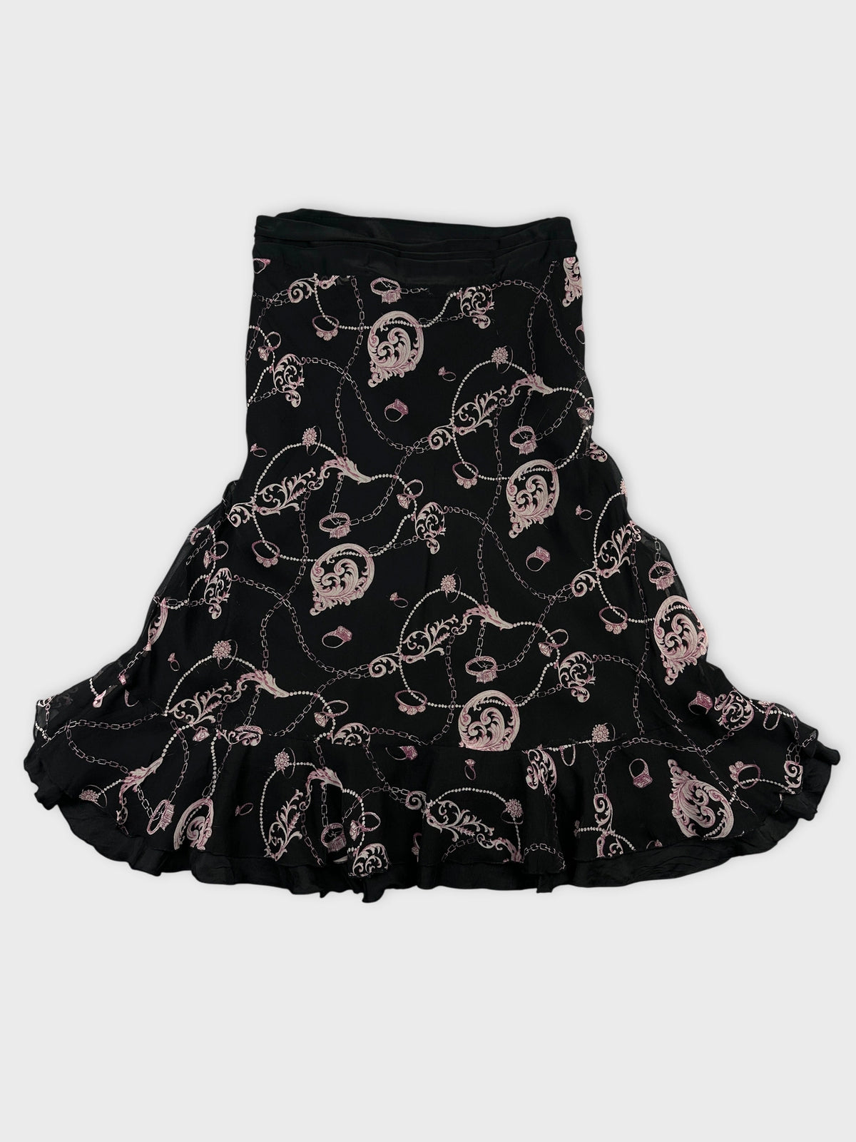 Back view of a black skirt featuring pink floral chain patterns and ruffled hem.