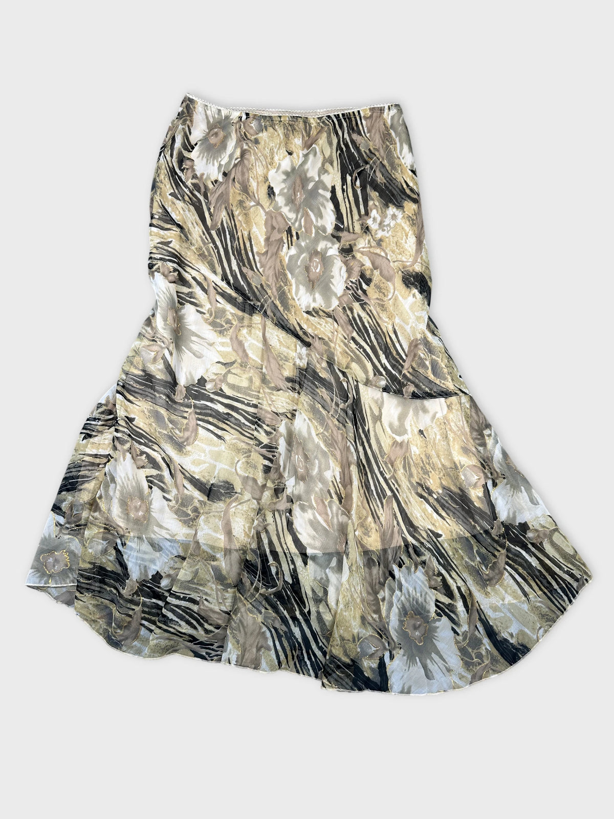 Back view of a vintage floral skirt featuring beige and black patterns.