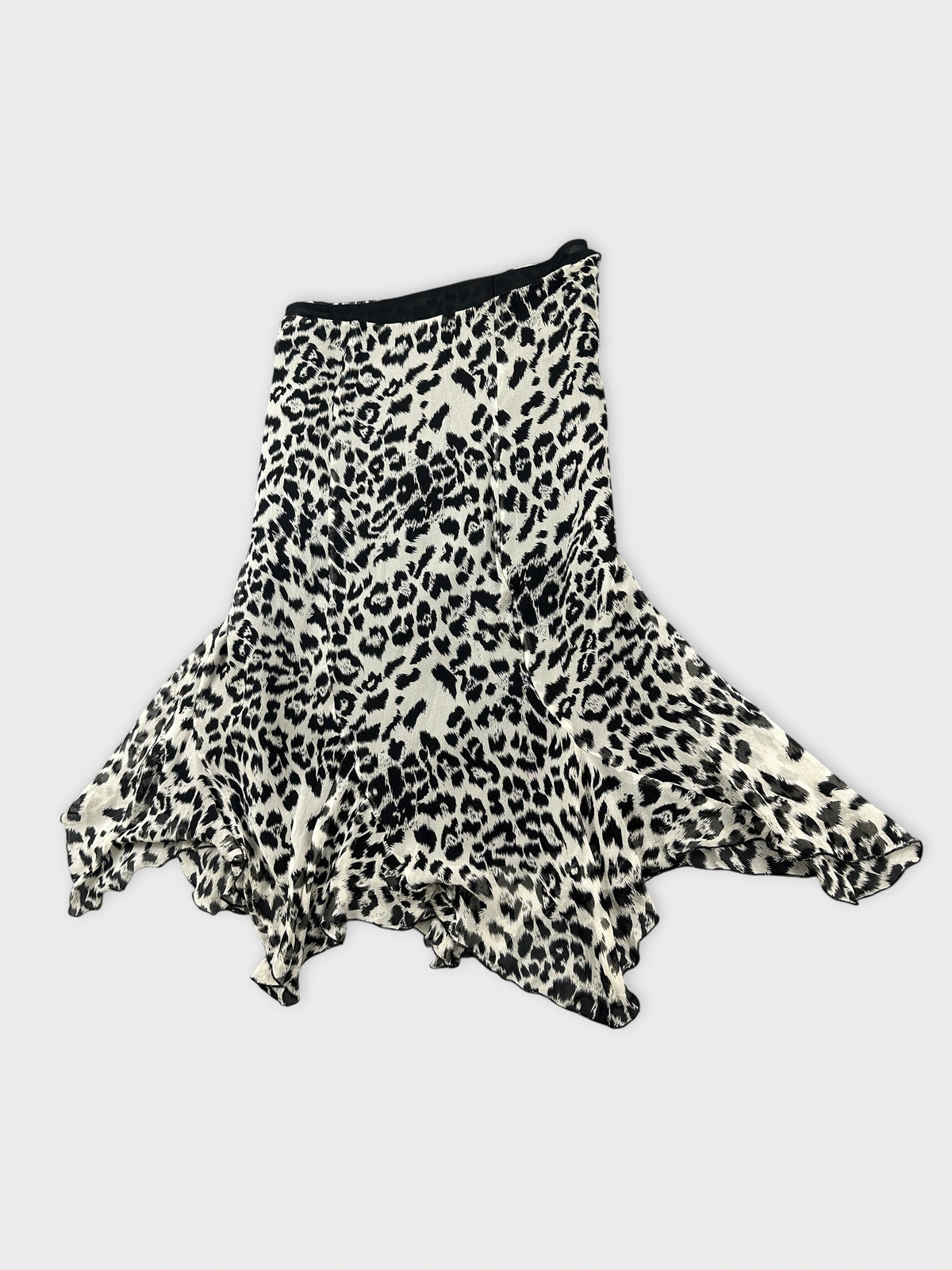 Detail view of a black and white leopard print skirt.