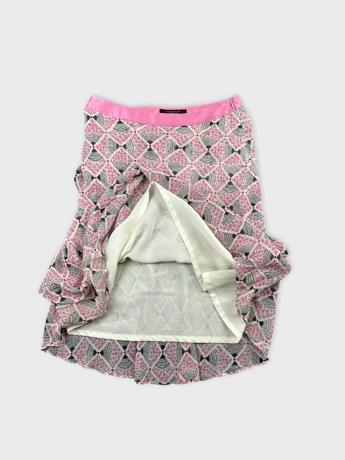 Detail view of a pink patterned skirt featuring a ruffled hem