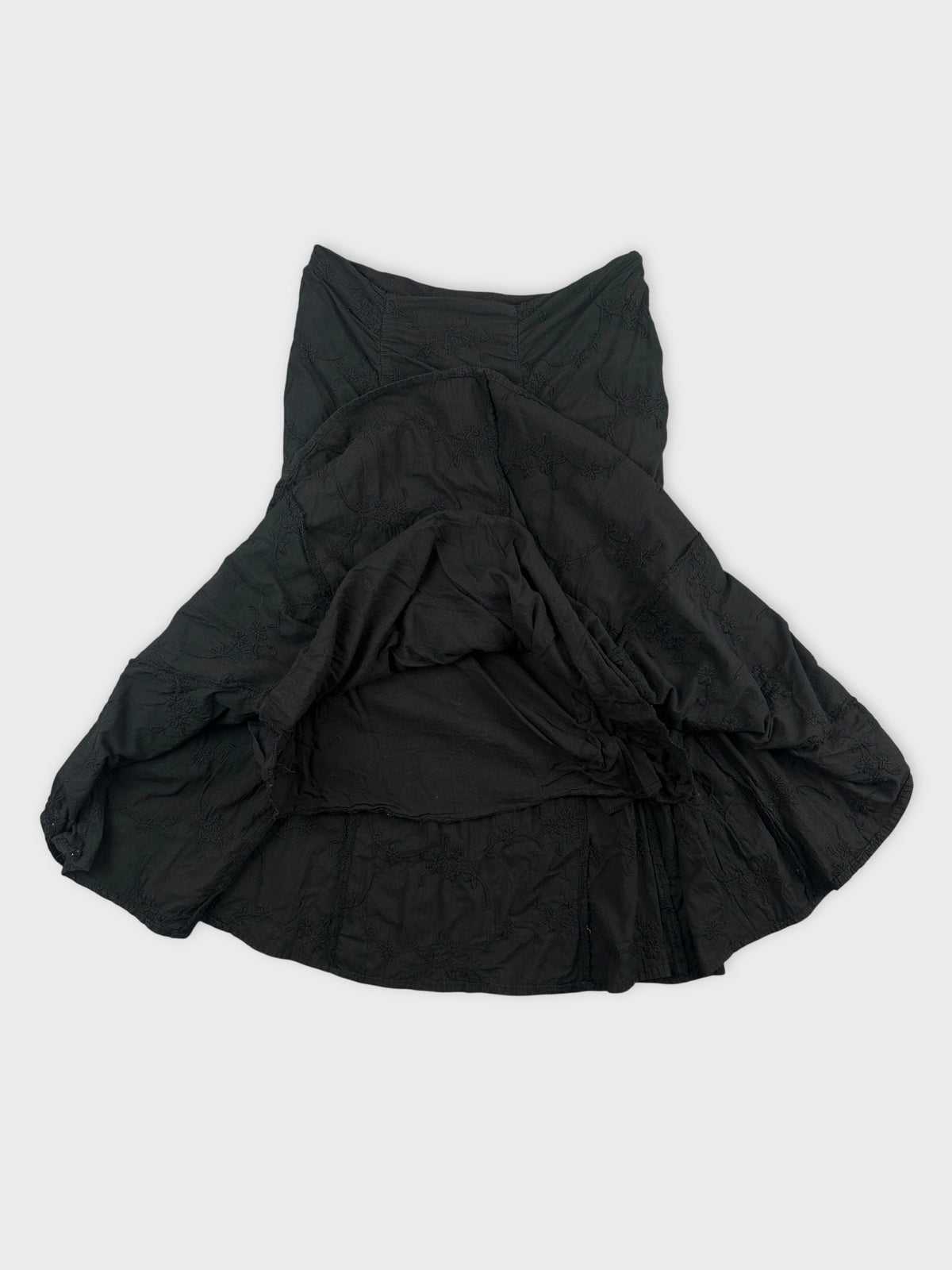 Black skirt with an embroidered pattern detail view.