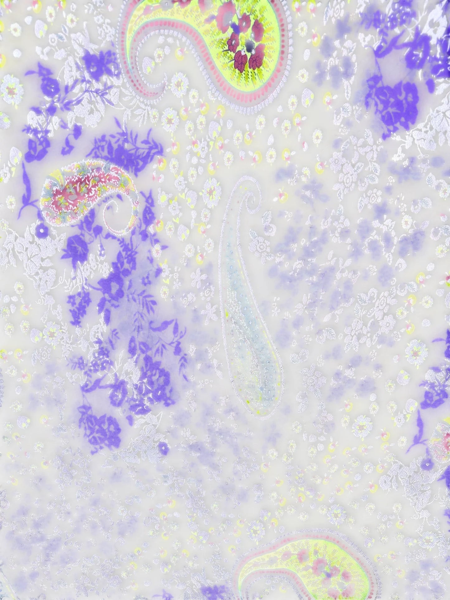 Detail view of a lavender printed vintage skirt with paisley patterns