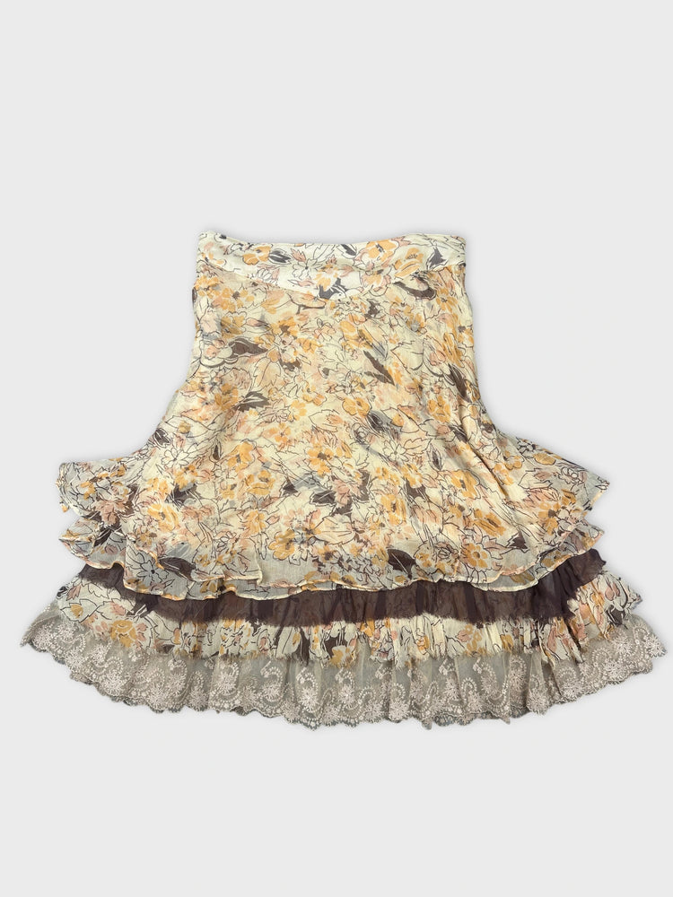 Floral Silk Skirt with Ruffled Hem (W32 / XL)