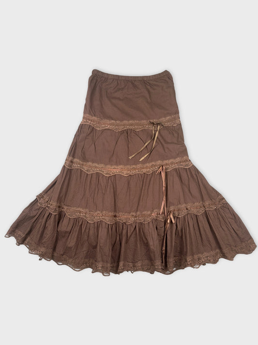 Brown women’s skirt with lace trim in front view.