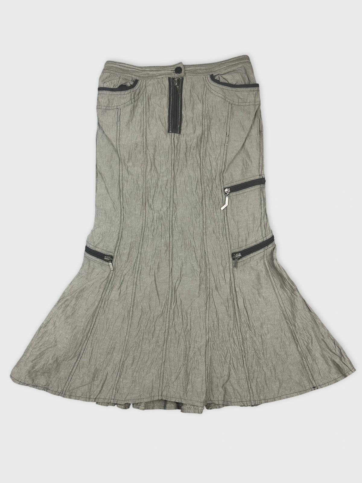 Front view of a gray skirt with zippered pockets and a flared shape.