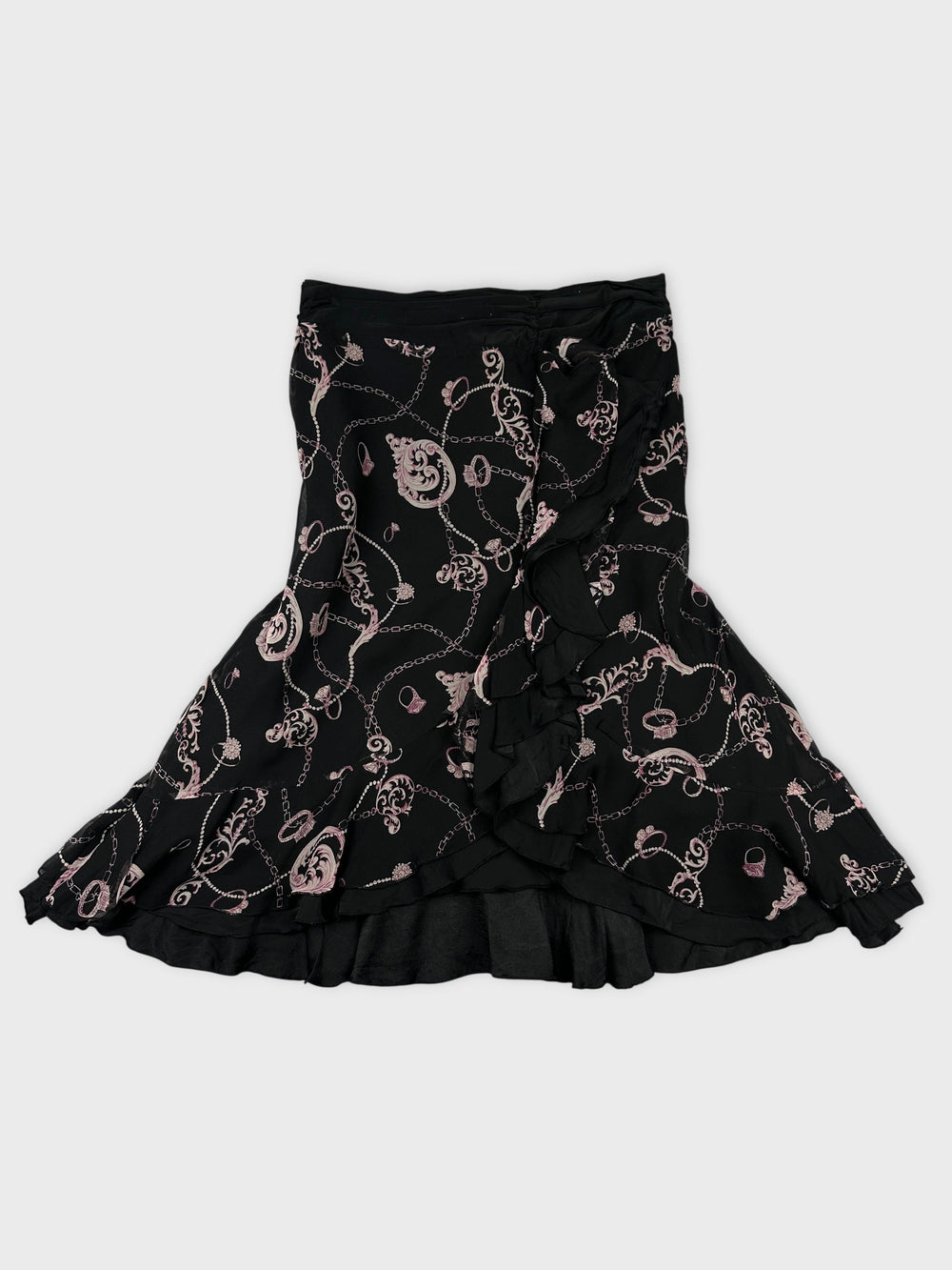 Black skirt with floral and chain print front view