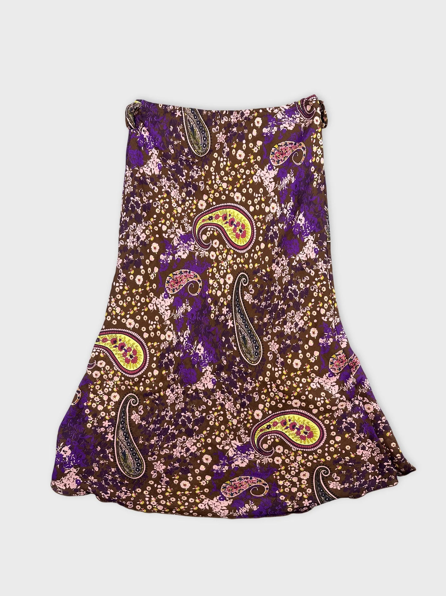 Front view of a brown skirt with paisley and floral pattern.