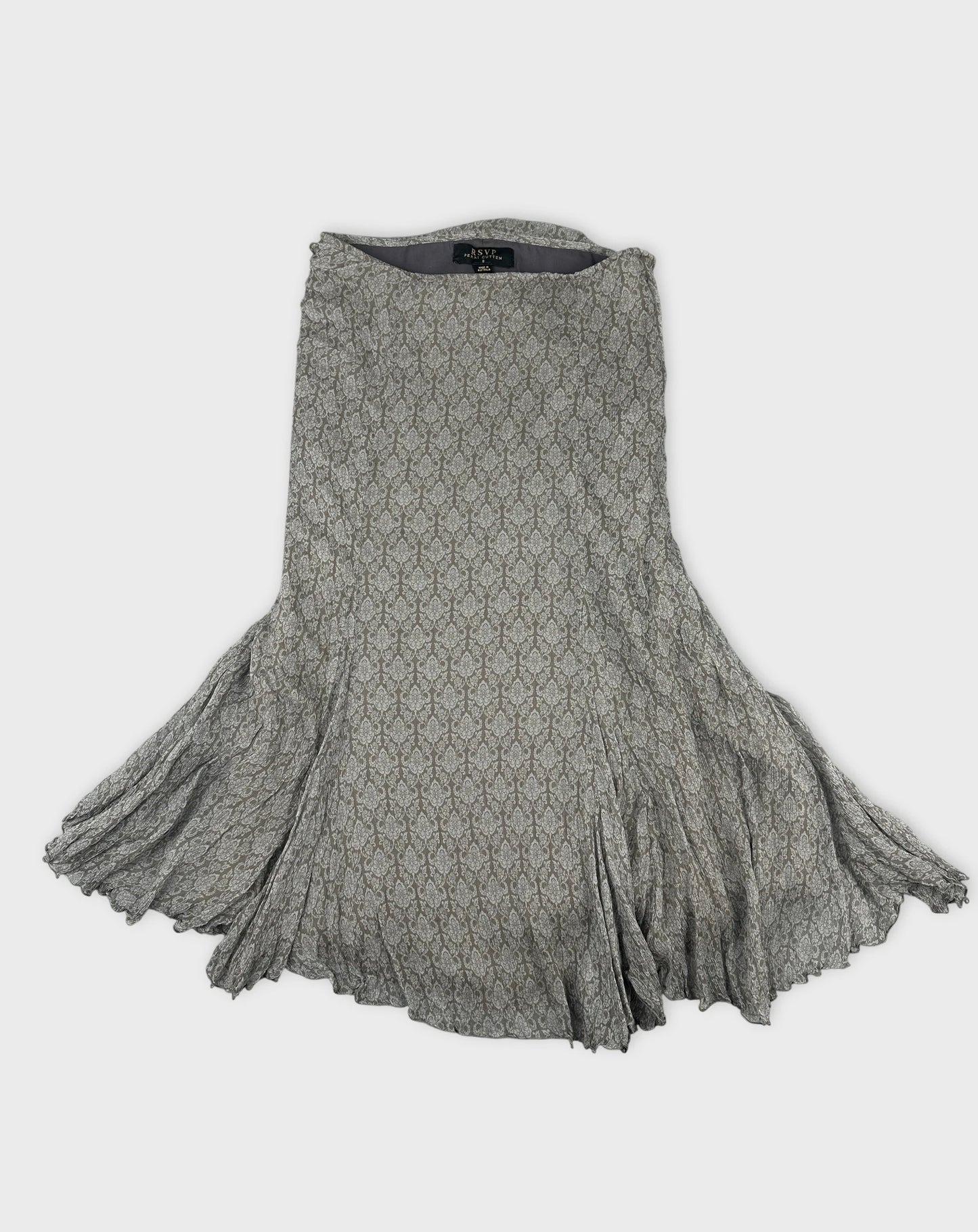 Front view of a vintage skirt in gray with a delicate pattern.