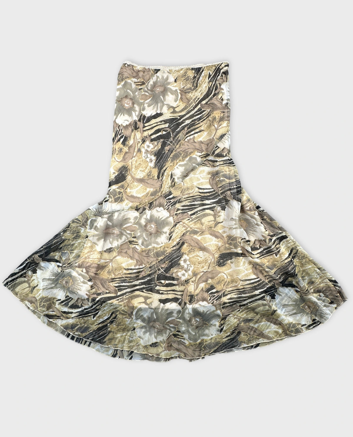 Front view of a vintage skirt with floral print in beige and black.