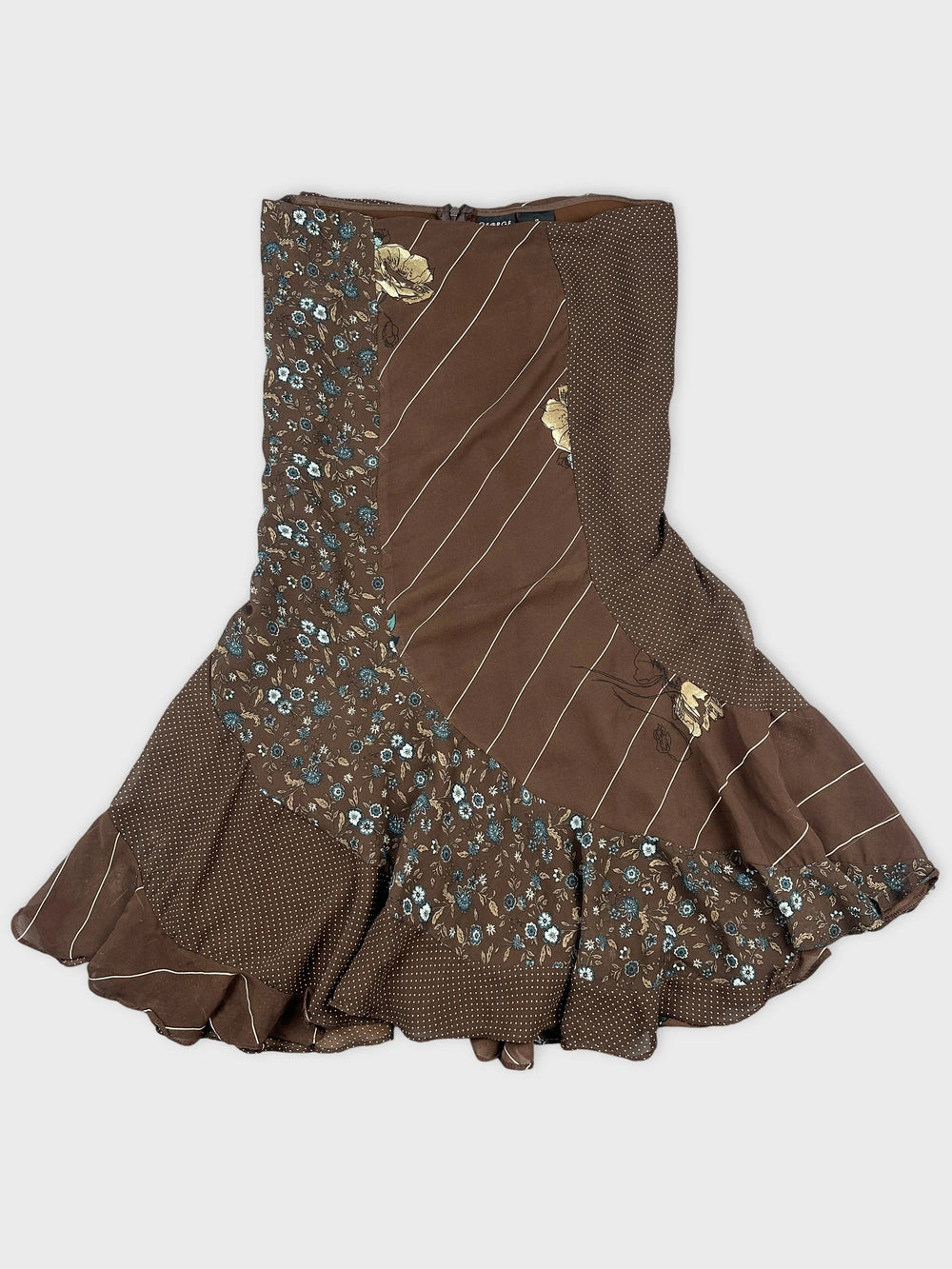 Front view of a brown flared skirt with floral and striped patterns.