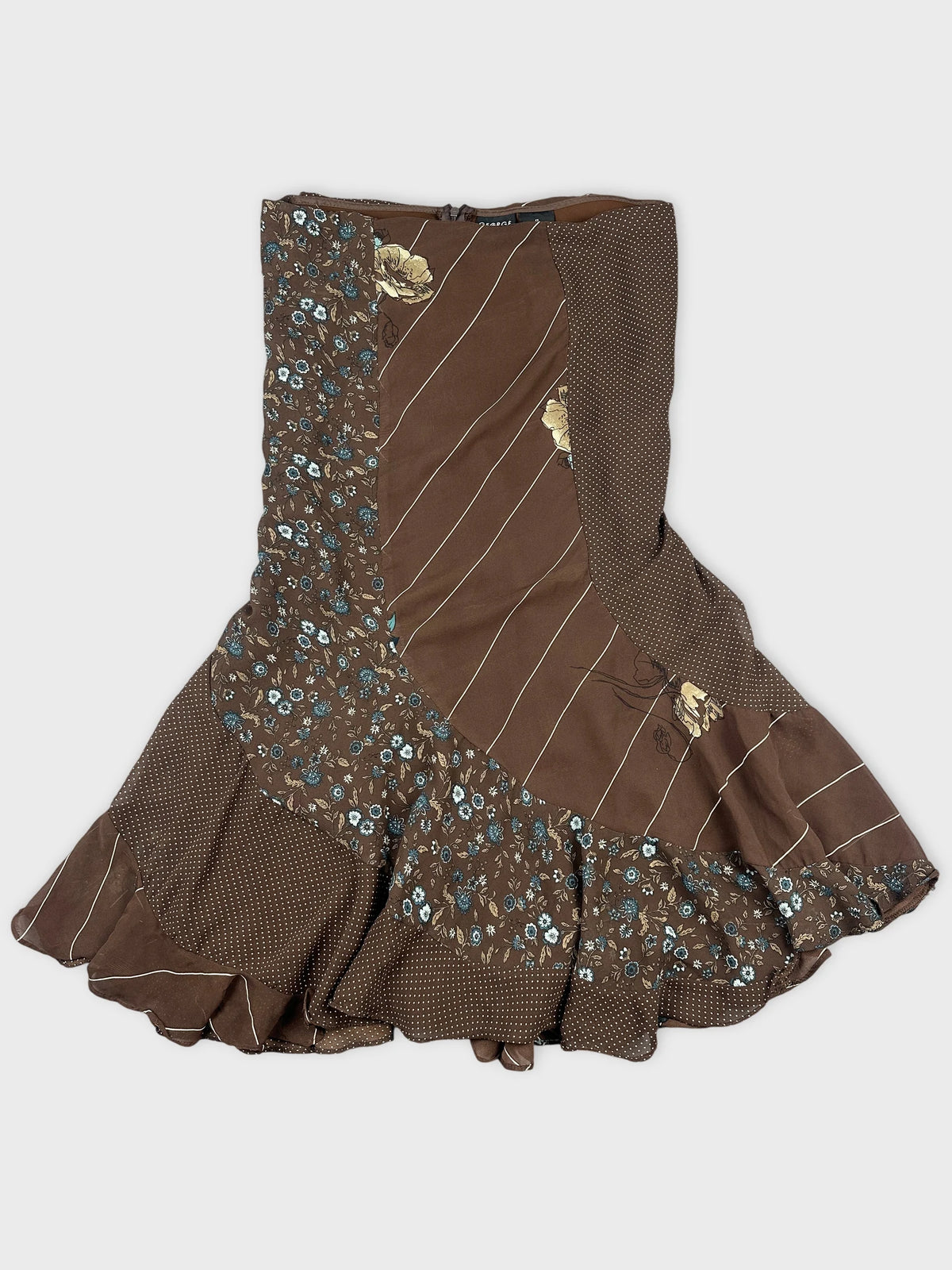 Front view of a brown flared skirt with floral and striped patterns.