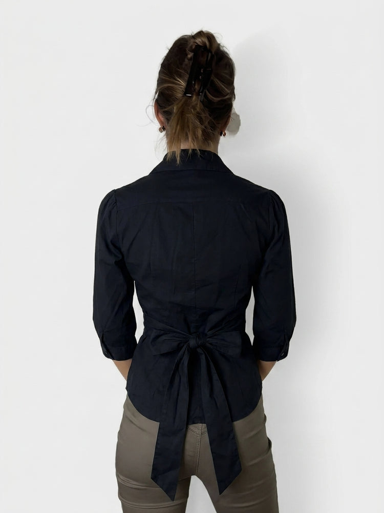 Elegant Black Ruffled Button-Up Shirt (S)
