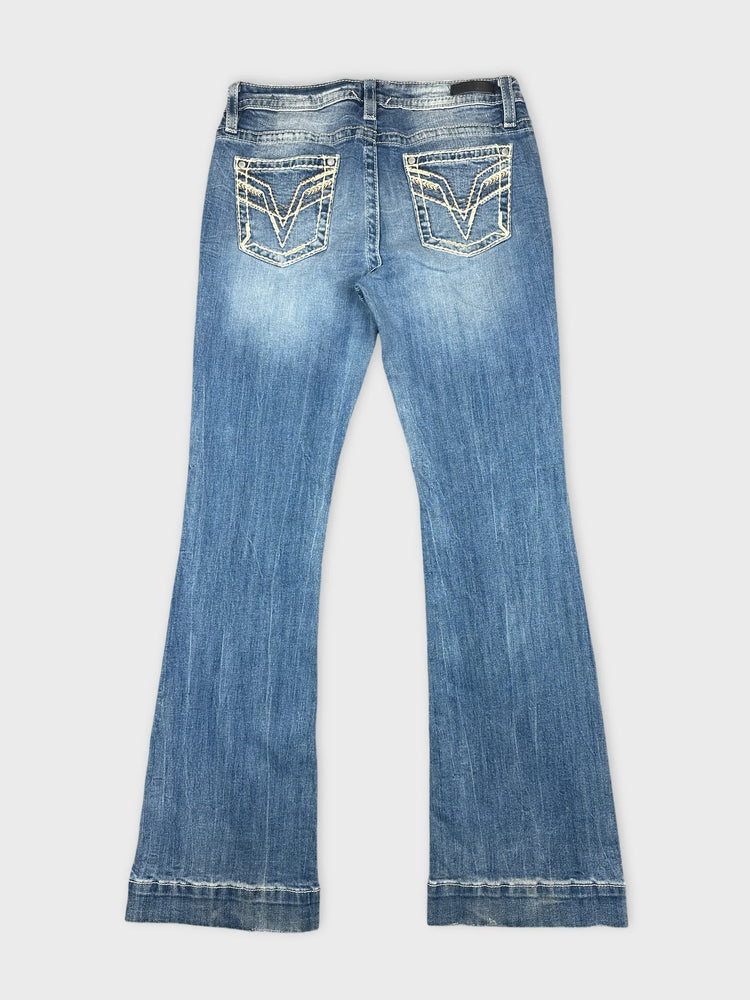 Flared Blue Denim Jeans with Distressed Details (W31 / L)