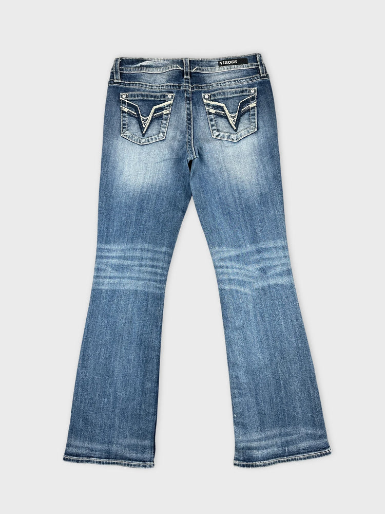Flared Bootcut Blue Denim Jeans with Edgy Distressing (W30 / L)