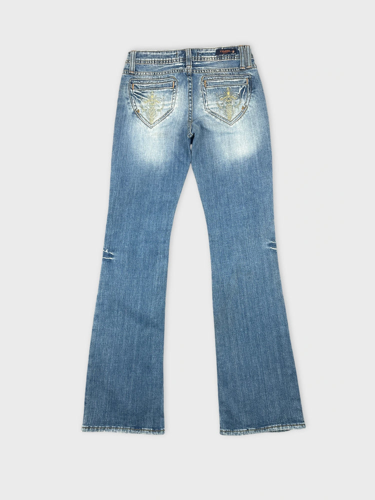 Faded Denim Flared Jeans with Distressed Detail (W27 / S)