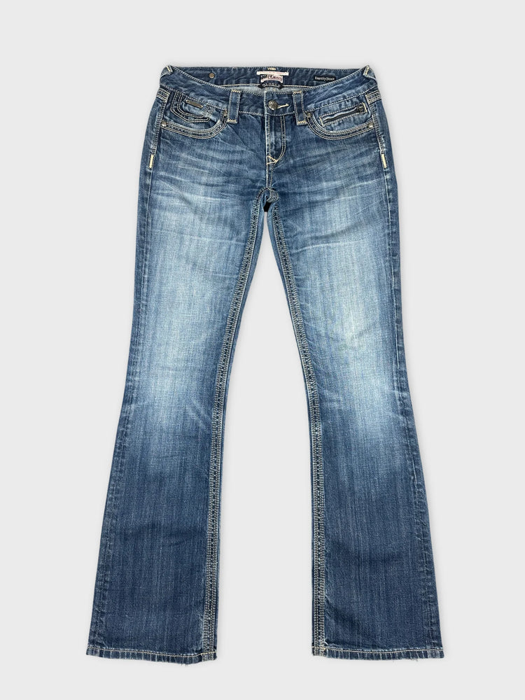 Flared Blue Denim Jeans with Distressed Details (W30 / L)