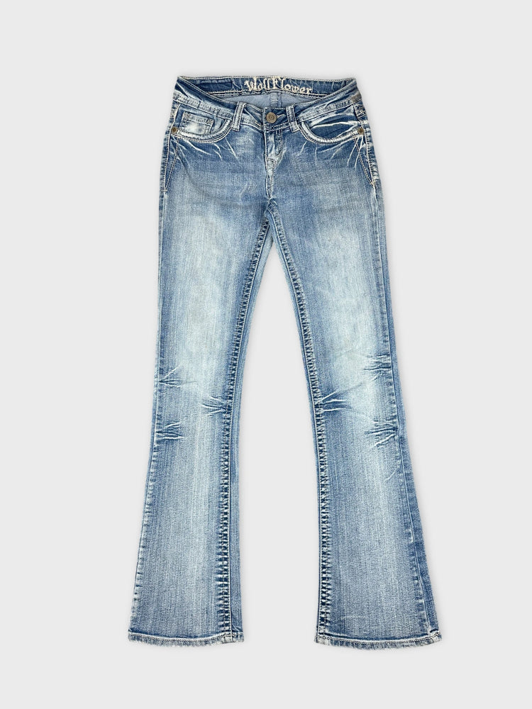 Faded Flare Denim Jeans with Distressed Style (W25 / XS)