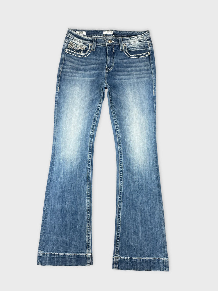 Flared Blue Denim Jeans with Distressed Details (W31 / L)