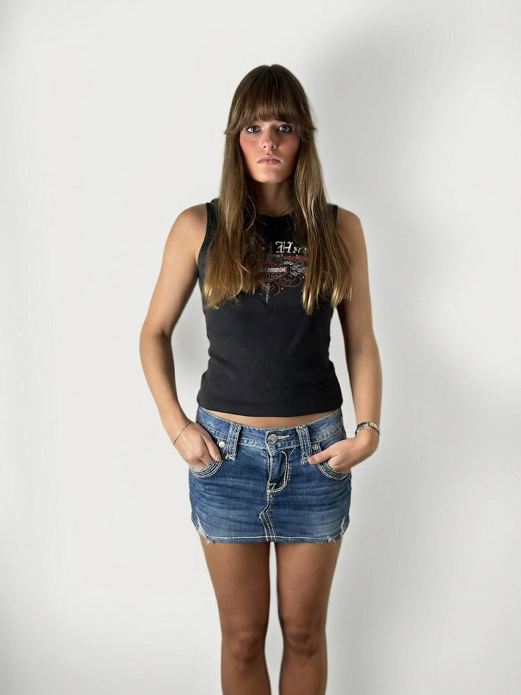 Chic Blue Denim Mini Skirt with Distressed Detail (M)