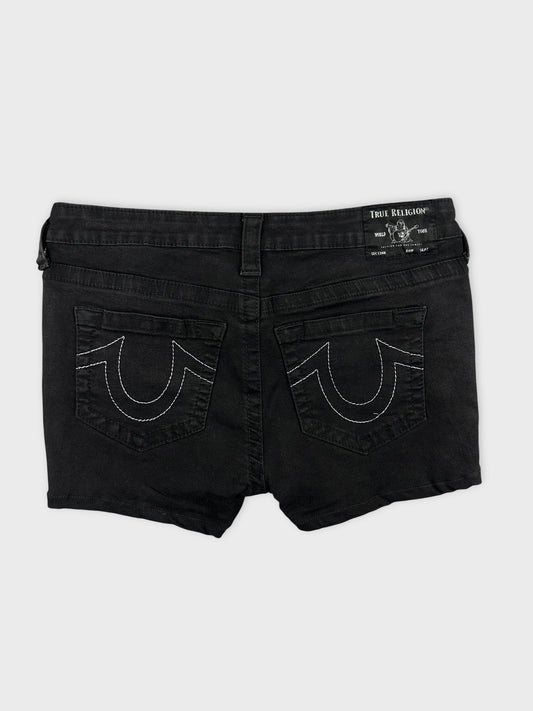 Back view of women denim shorts in black featuring decorative stitching on pockets.