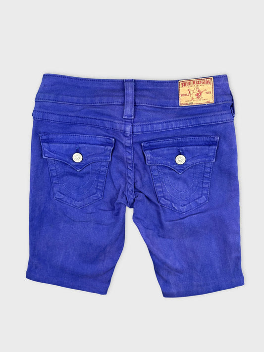 Back view of women denim shorts in vibrant purple with pocket detailing.