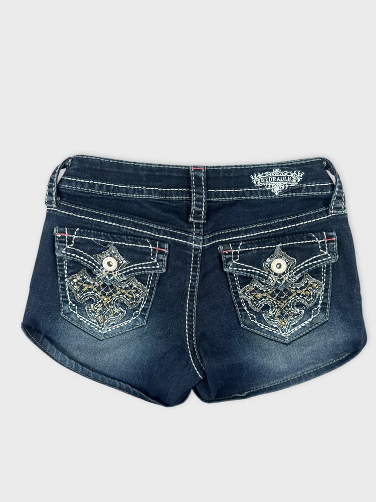 Dark Wash Denim Shorts with Distressed Details (W25 / XS)
