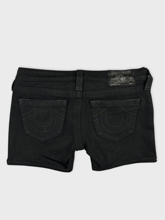 Back view of black women denim shorts with detailed back pockets.
